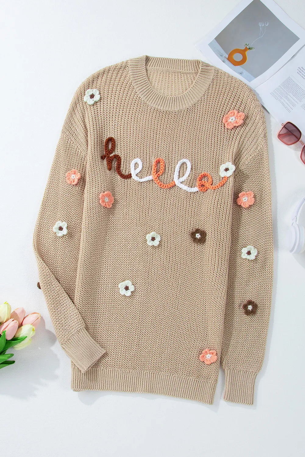 Flower Round Neck Long Sleeve Sweater  Trendsi   