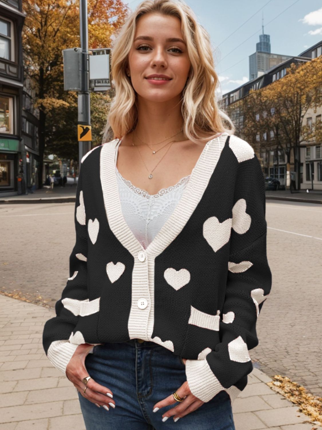 Heart Button Up Dropped Shoulder Long Sleeve Cardigan  Trendsi Black S 