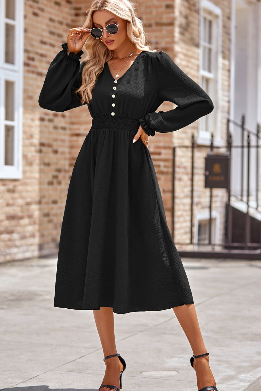 Smocked V-Neck Flounce Sleeve Midi Dress