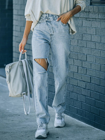 Distressed Asymmetric Waist Jeans  Trendsi   