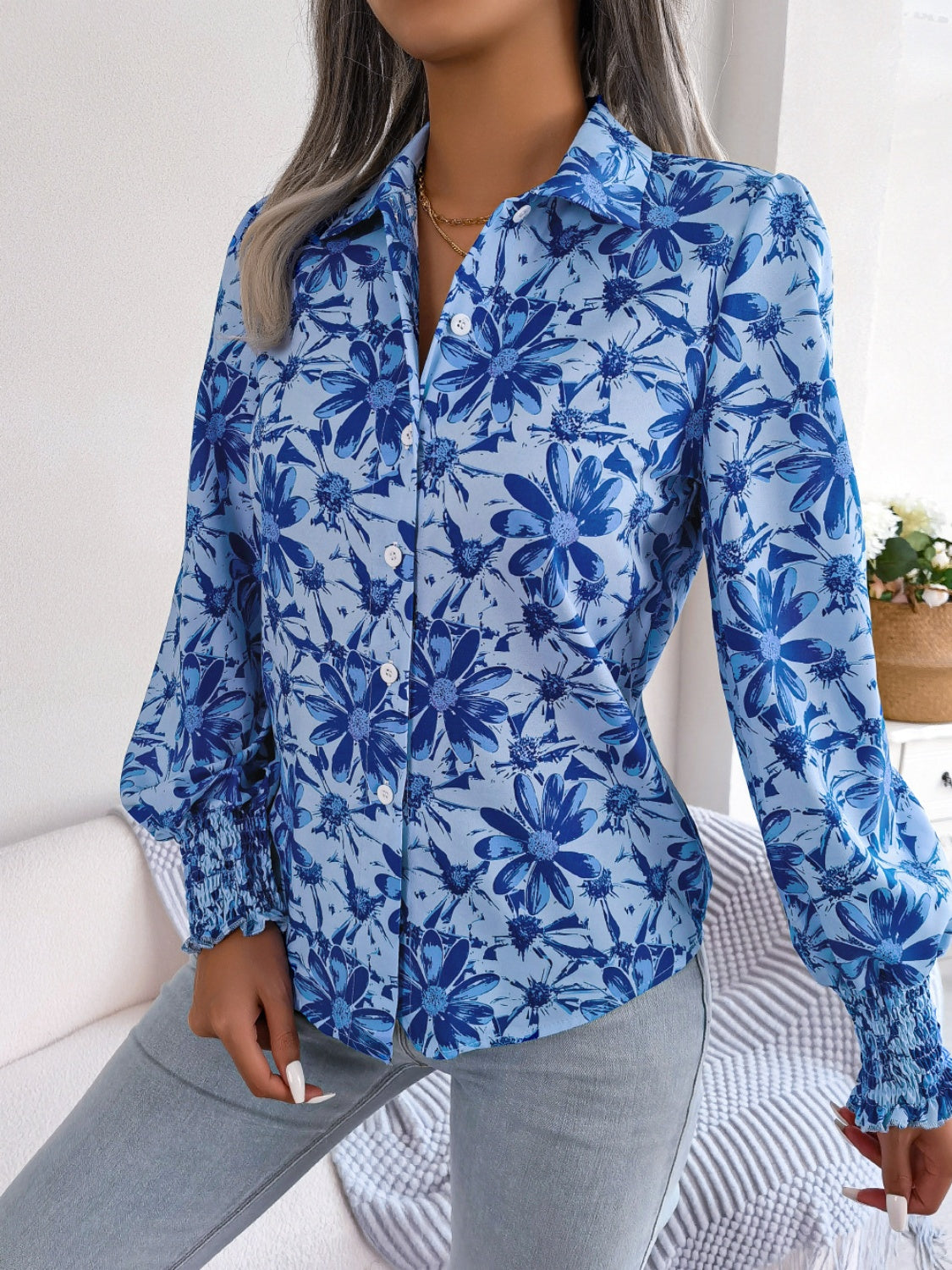 Floral Collared Neck Long Sleeve Shirt Blouse Trendsi Royal Blue S 