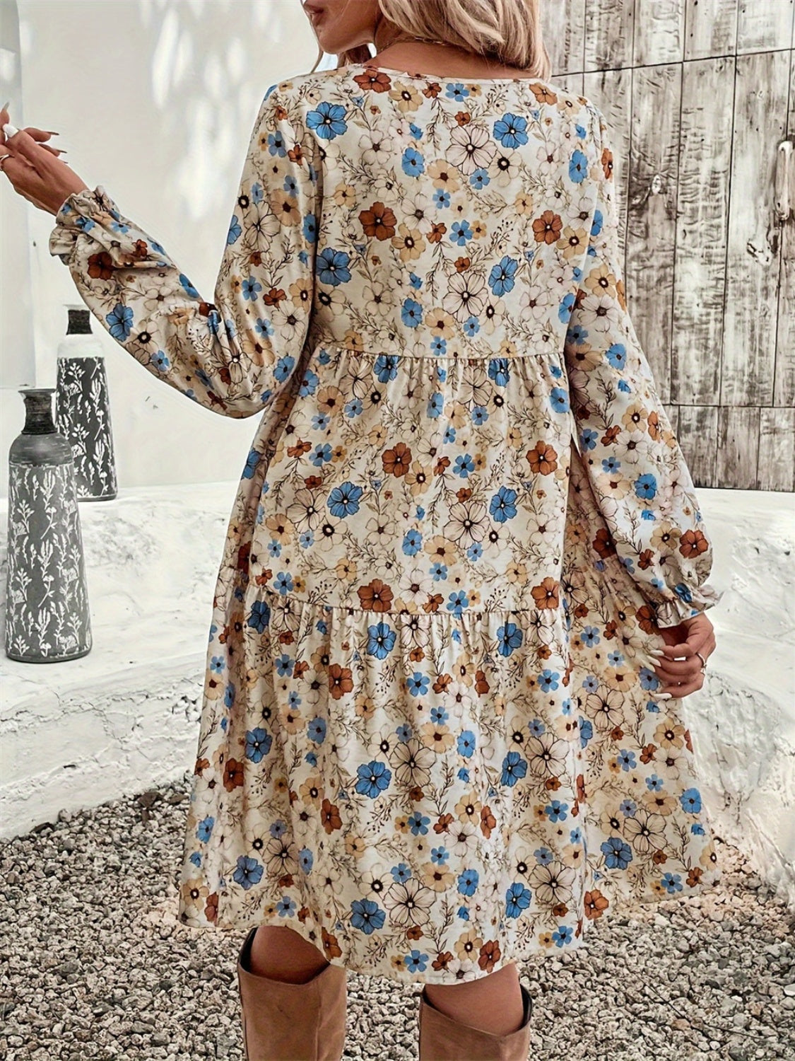 Ruffled Printed Round Neck Long Sleeve Dress  Trendsi   