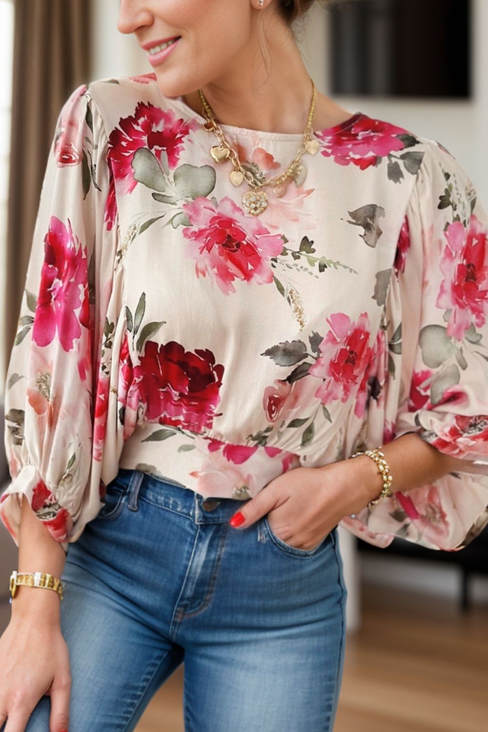 Tied Floral Round Neck Three-Quarter Sleeve Blouse Blouse Trendsi Floral S 