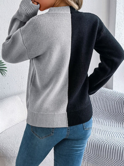 Contrast Round Neck Long Sleeve Sweater  Trendsi   