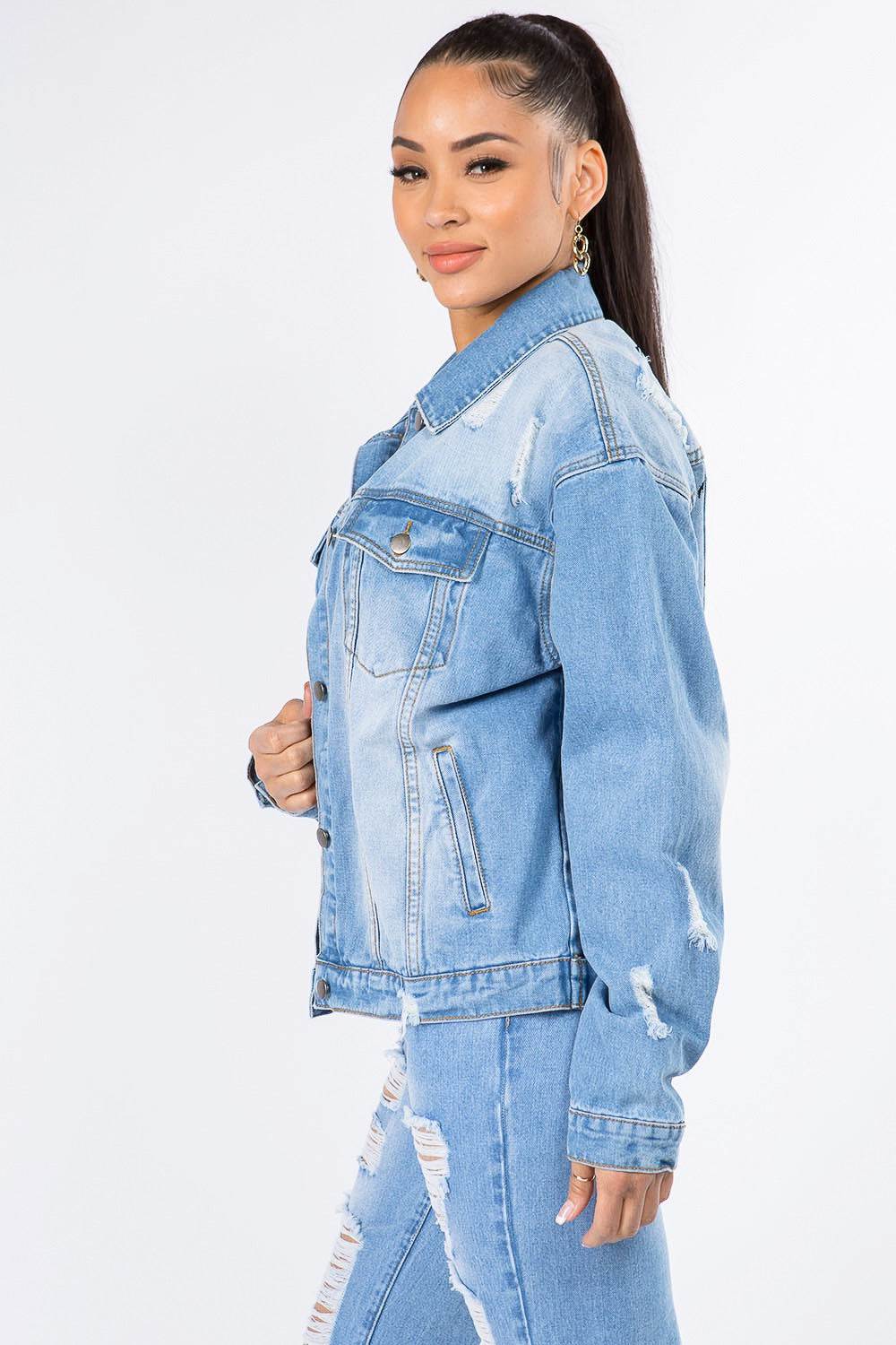 American Bazi Graphic Distressed Long Sleeve Denim Jacket  Trendsi   