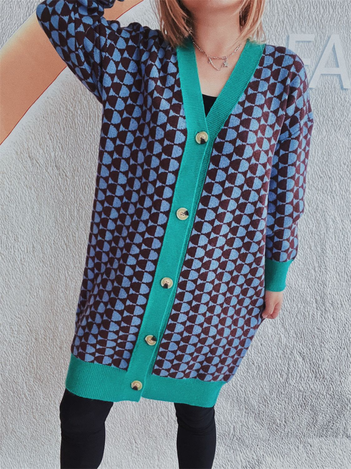 Contrast Trim Geometric Button Down Cardigan  Trendsi   