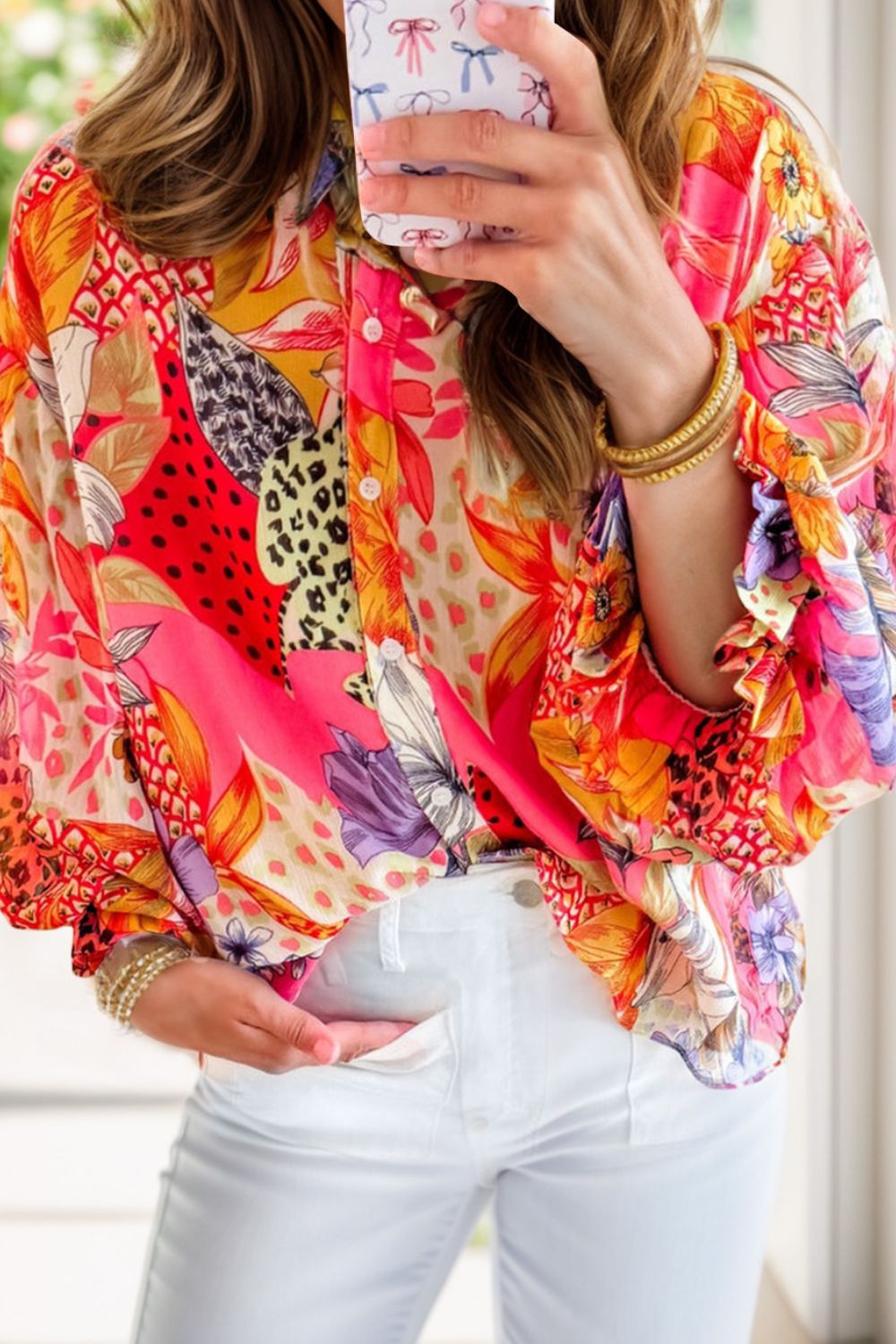 Printed Button Down Long Sleeve Shirt  Trendsi Strawberry S 