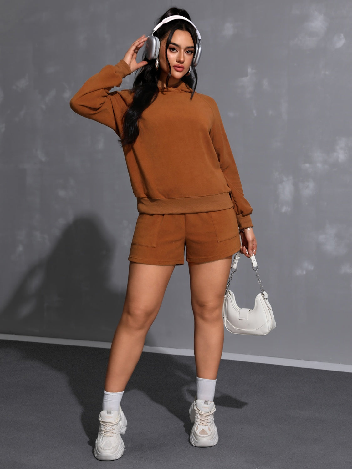 Long Sleeve Hoodie and Pocketed Shorts Set  Trendsi   