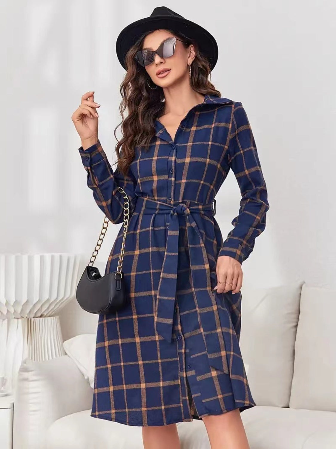 Plaid Tie Waist Long Sleeve Dress  Trendsi Navy S 