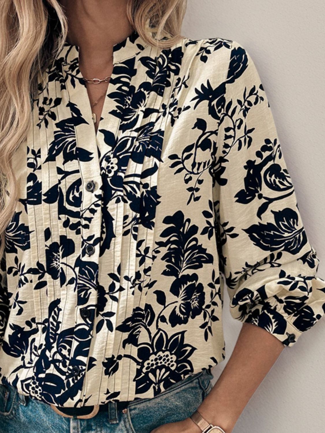 Perfee Printed Notched Long Sleeve Shirt  Trendsi   