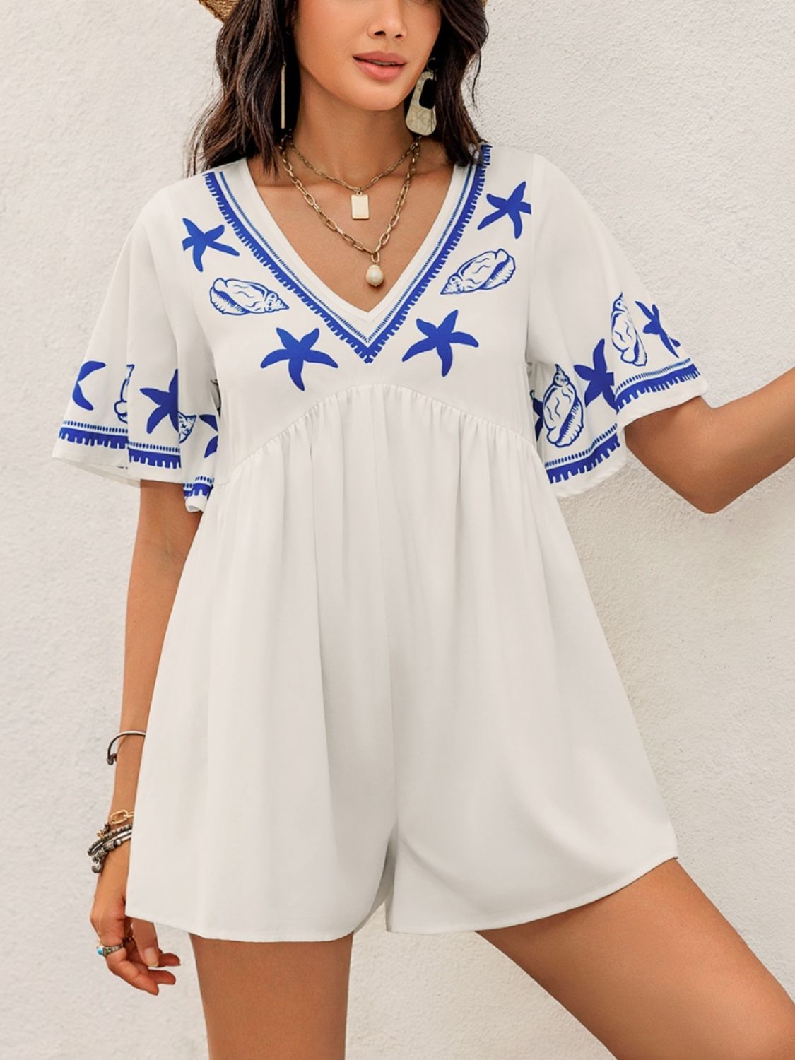 Printed V-Neck Half Sleeve Romper  Trendsi   