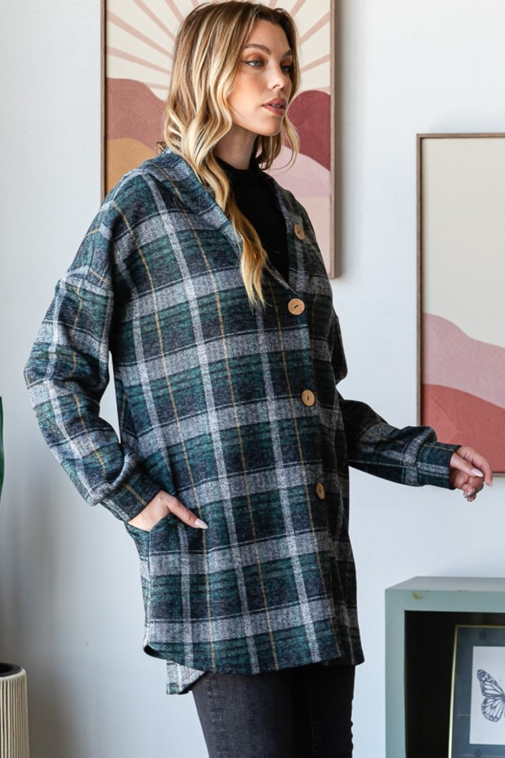 Heimish Plaid Button Down Long Sleeve Hooded Cardigan  Trendsi   