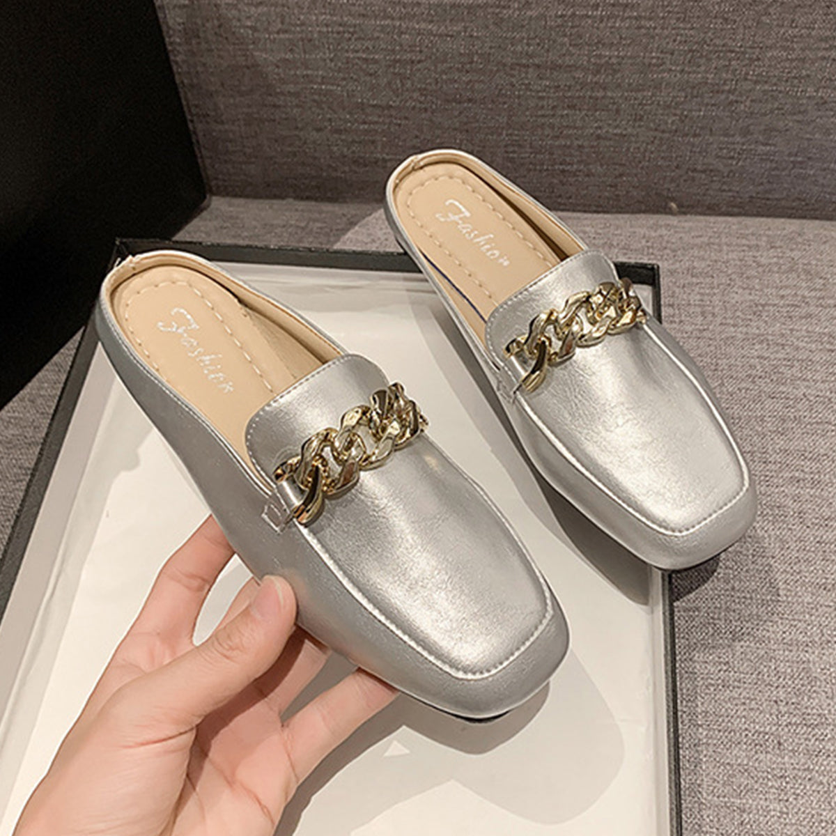 PU Leather Square Toe Flat Loafers  Trendsi Silver 35(US4) 