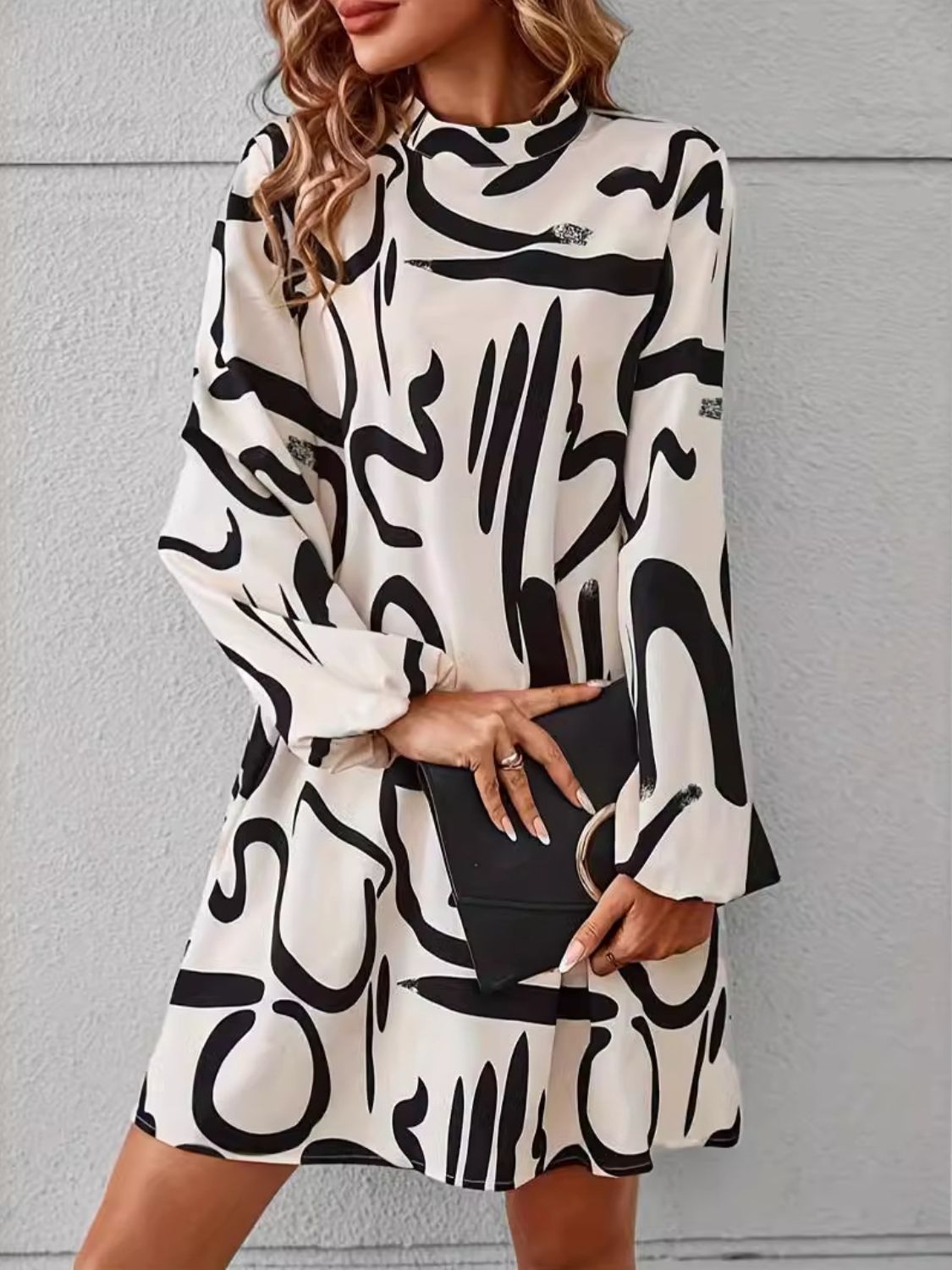 Printed Mock Neck Long Sleeve Mini Dress  Trendsi   