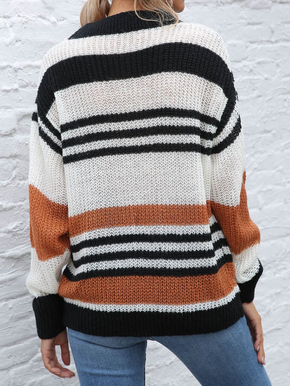 Contrast Striped Round Neck Long Sleeve Sweater  Trendsi   