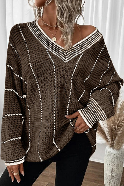 Striped V-Neck Dropped Shoulder Sweater  Trendsi Coffee Brown S 