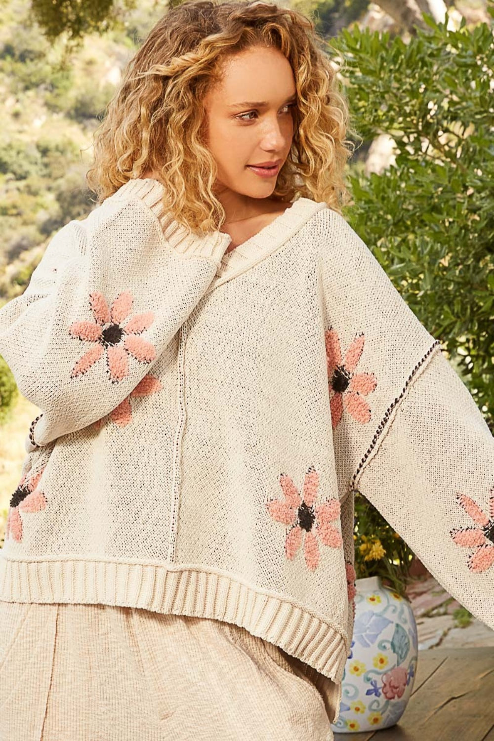 POL V-Neck Floral Pattern Chenille Sweater  Trendsi   