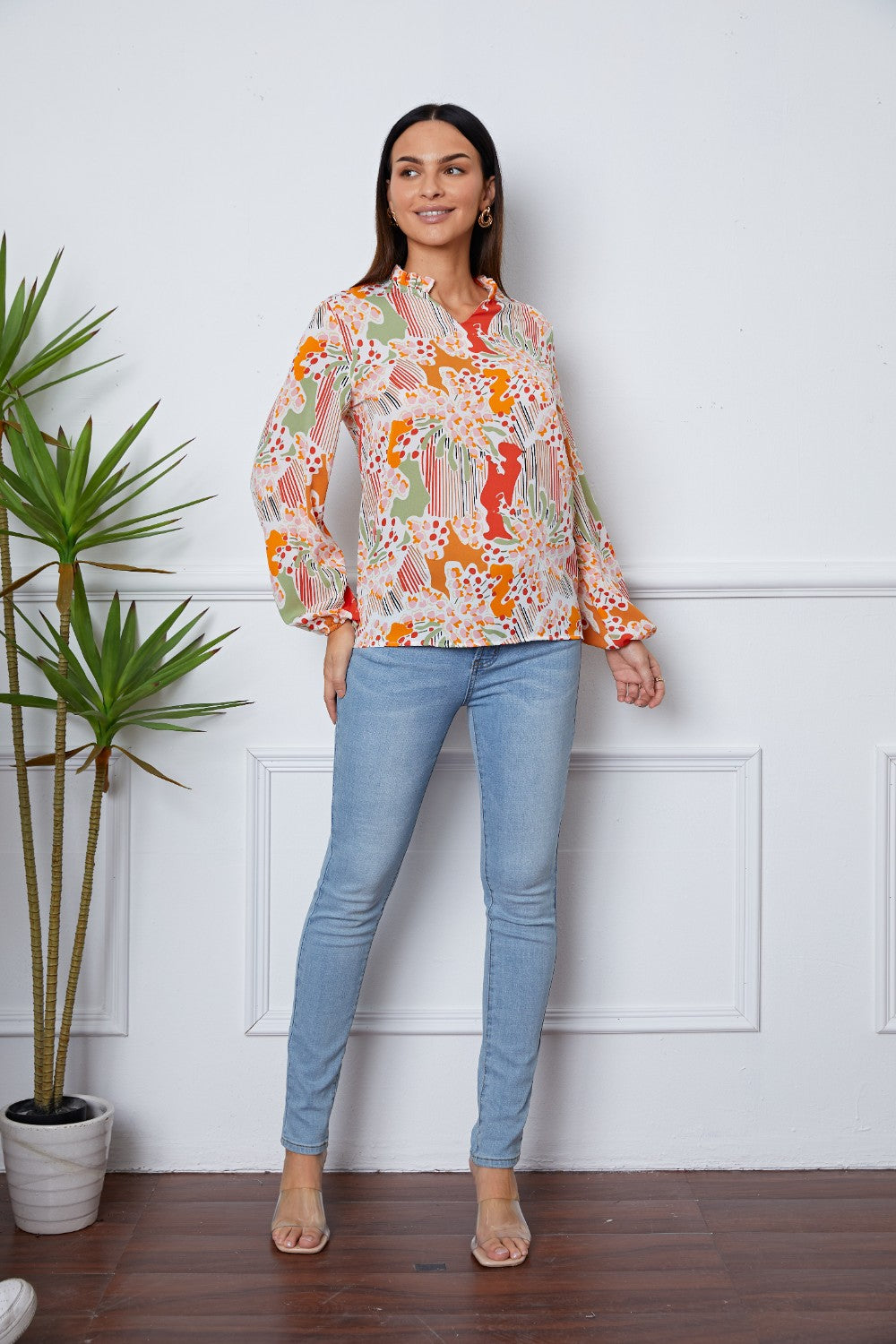 Floral Frill Notched Long Sleeve Blouse Blouse Trendsi   