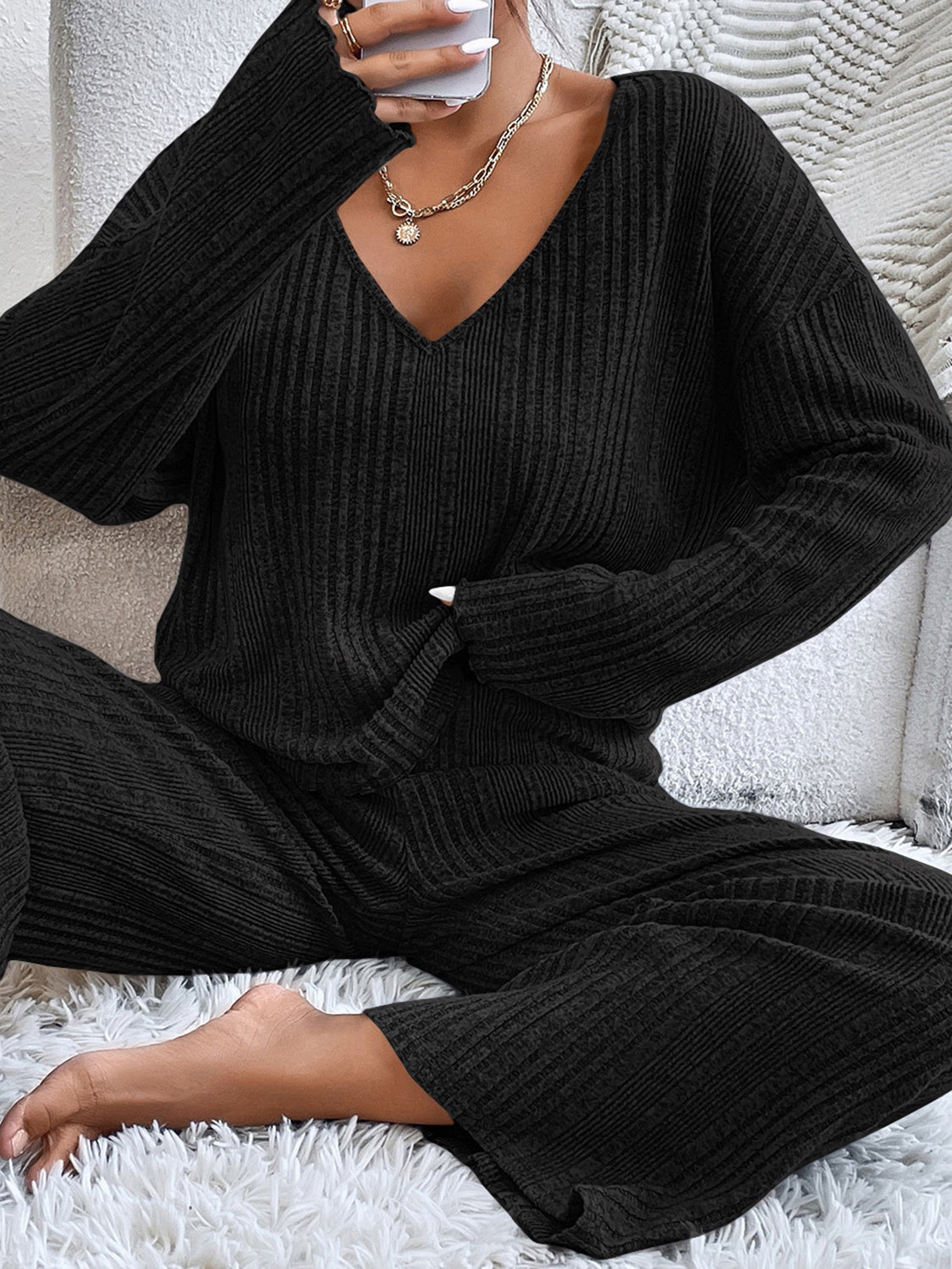 V-Neck Long Sleeve Top and Pants Set  Trendsi   