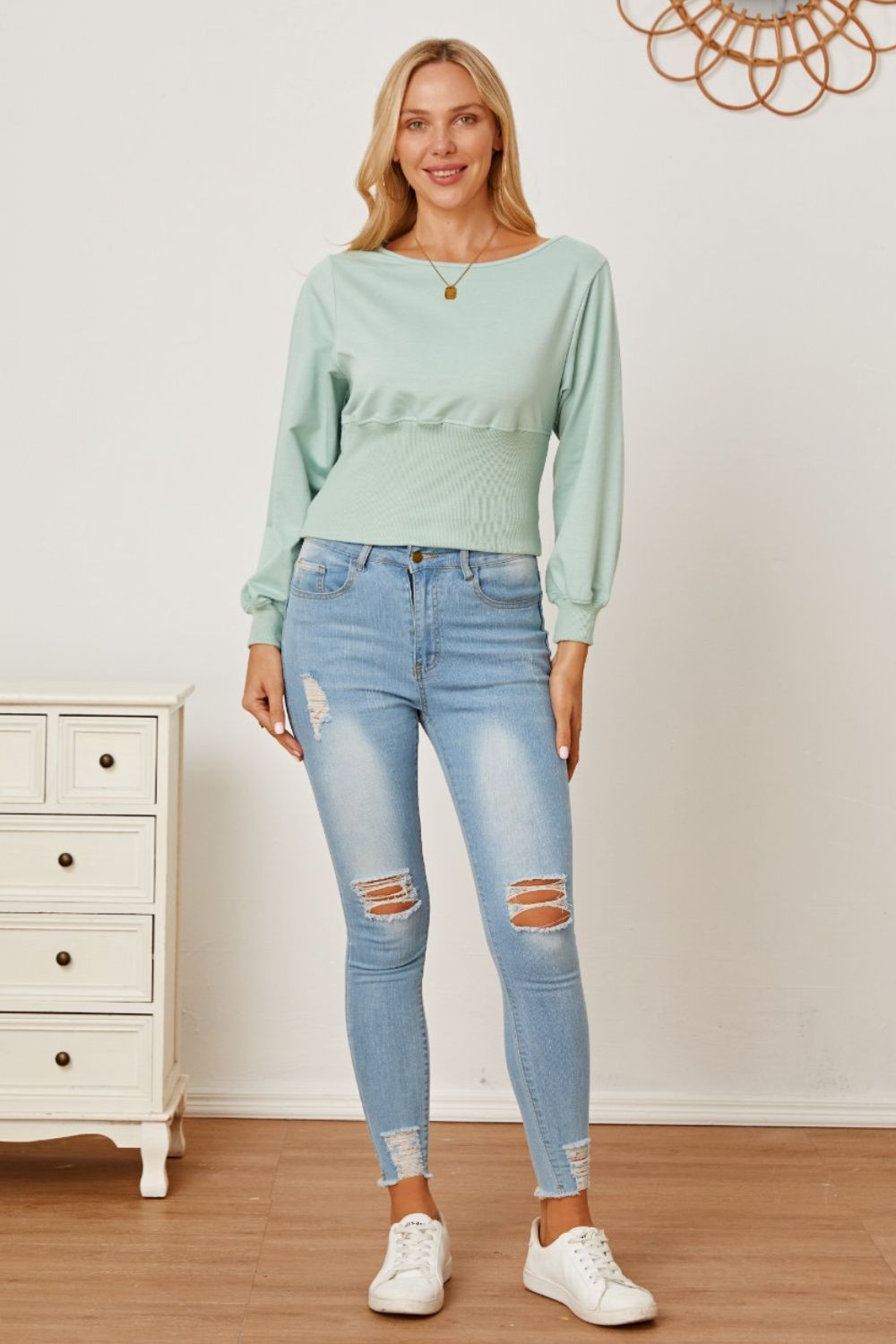 Boat Neck Lantern Sleeve Blouse Blouse Trendsi   