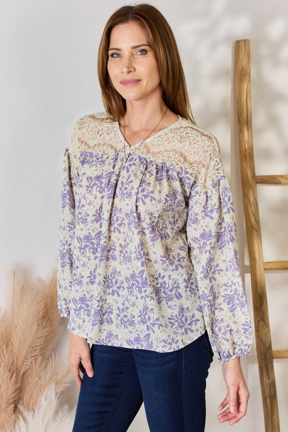 Hailey & Co Full Size Lace Detail Printed Blouse  Trendsi   