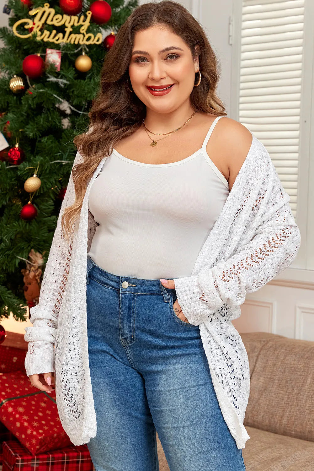 Plus Size Openwork Open Front Long Sleeve Cardigan  Trendsi   