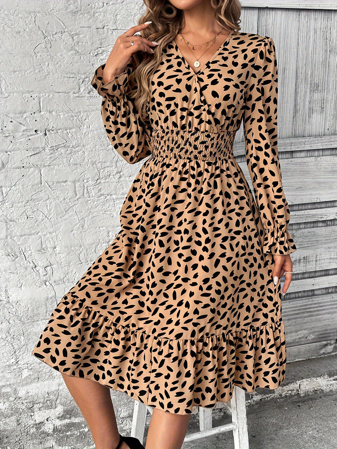 Smocked Printed Surplice Flounce Sleeve Midi Dress