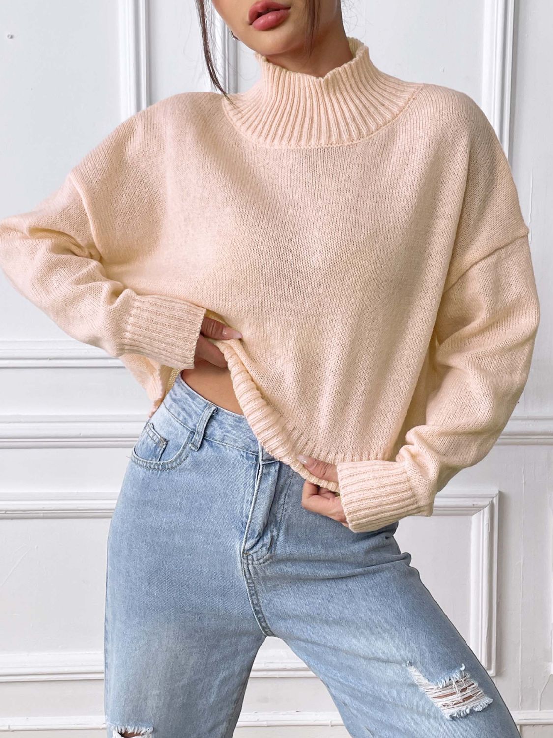 Turtleneck Long Sleeve Sweater  Trendsi Apricot S 