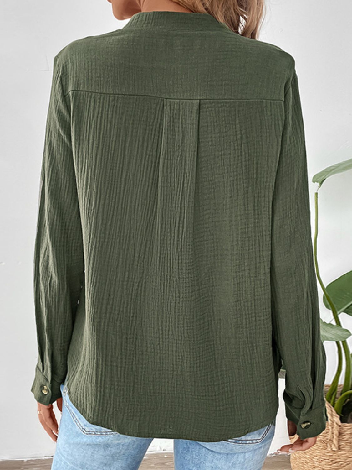 Perfee Textured Notched Long Sleeve Blouse  Trendsi   