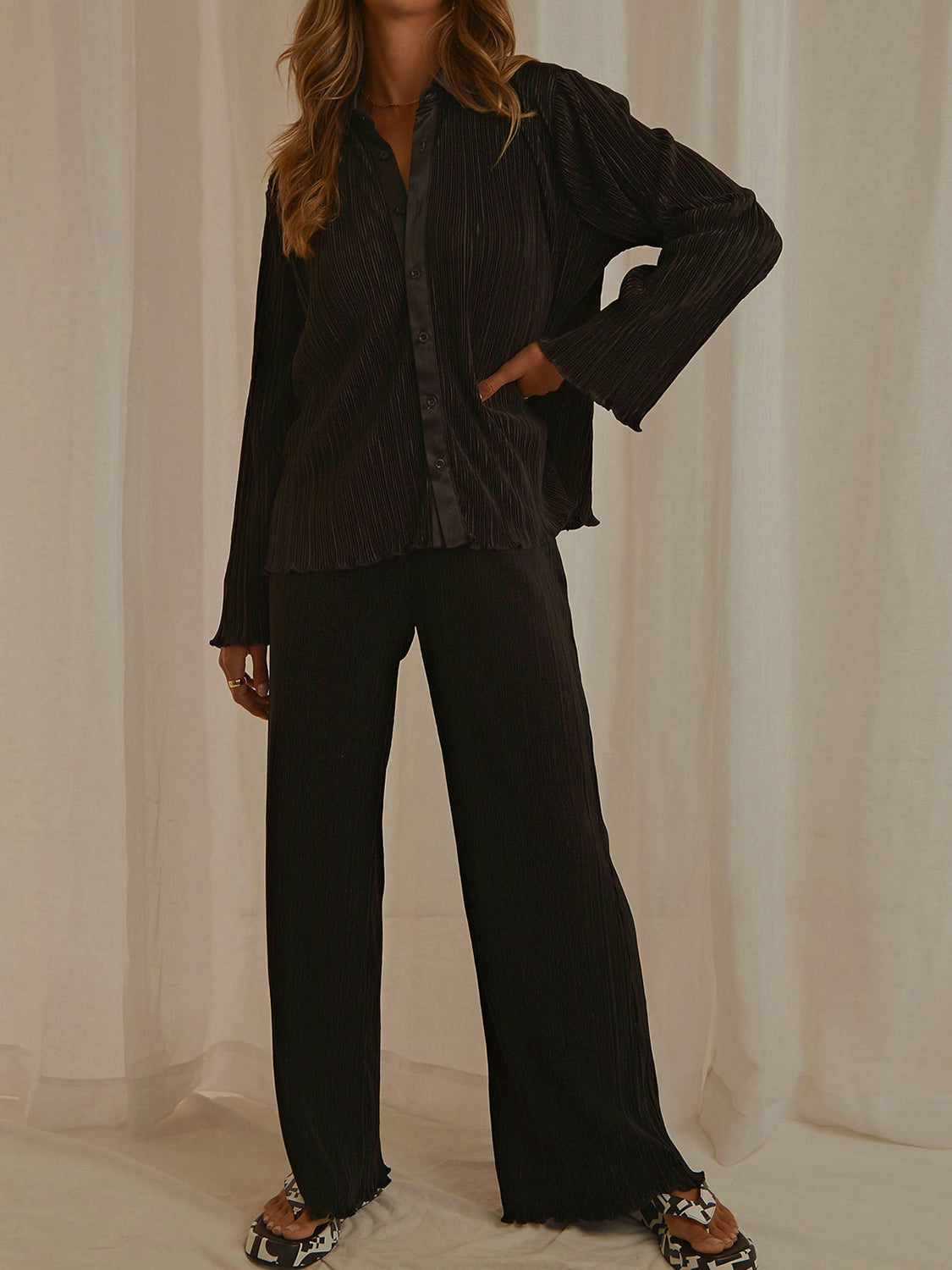 Collared Neck Long Sleeve Top and Pants Lounge Set  Trendsi Black S 