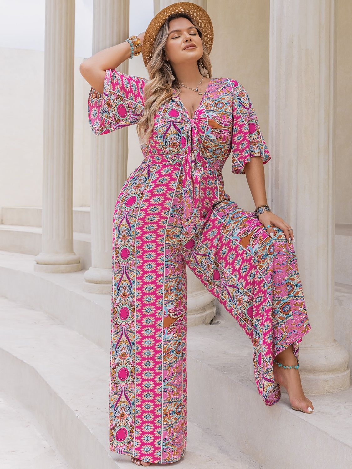 Plus Size Printed Half Sleeve Wide Leg Jumpsuit  Trendsi   