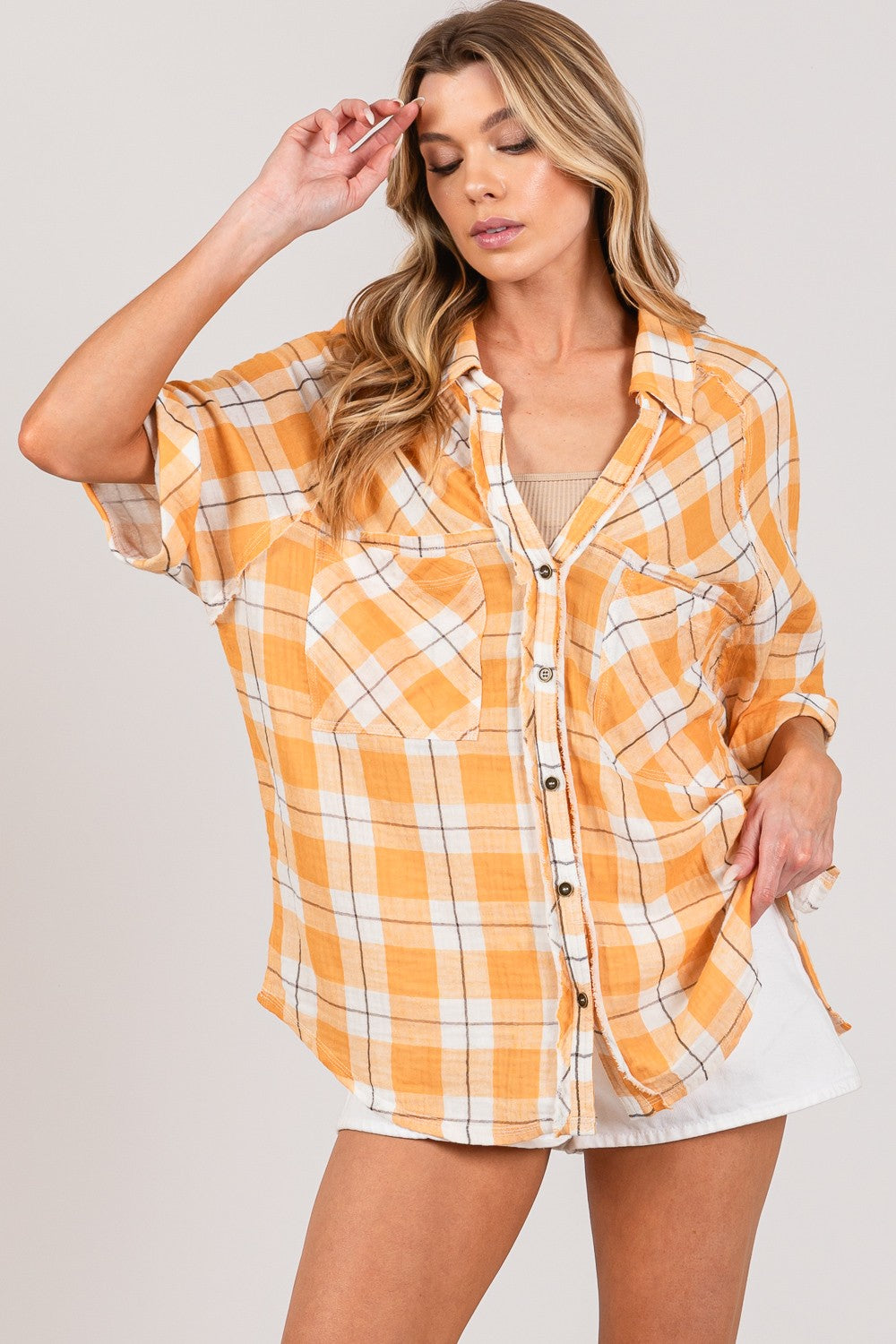 SAGE + FIG Plaid Button Up Side Slit Shirt  Trendsi   