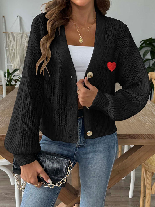 Heart Button Down V-Neck Long Sleeve Cardigan  Trendsi Black S 