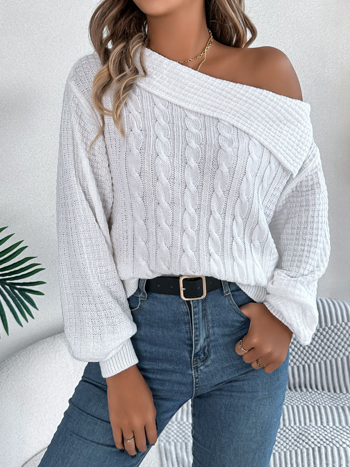 Cable-Knit One Shoulder Long Sleeve Sweater  Trendsi   