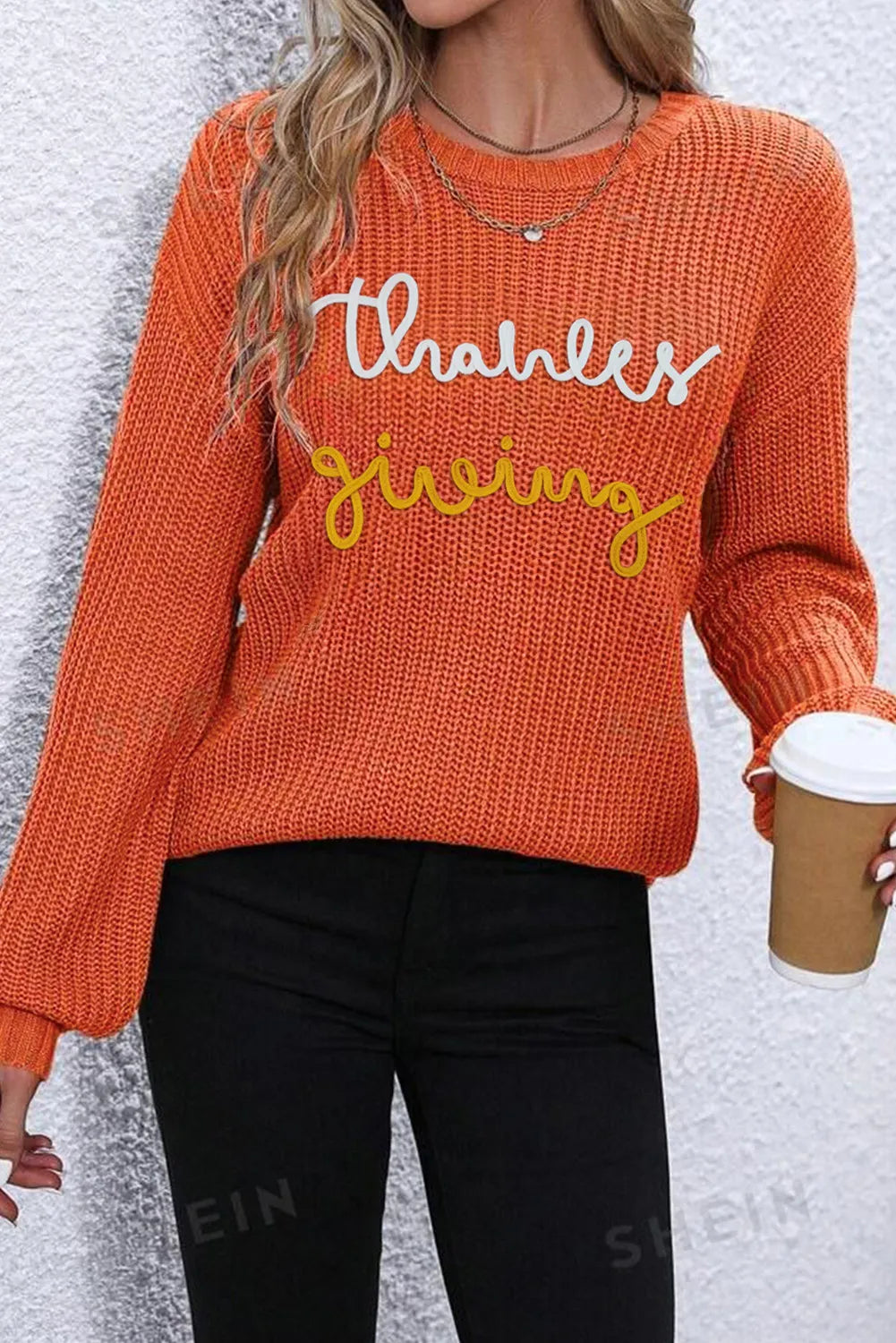 THANKSGIVING Round Neck Long Sleeve Sweater  Trendsi   