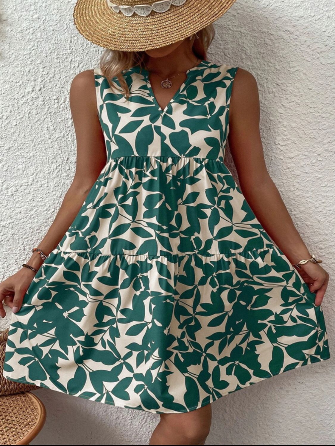 Printed Notched Sleeveless Mini Dress Dress Trendsi   