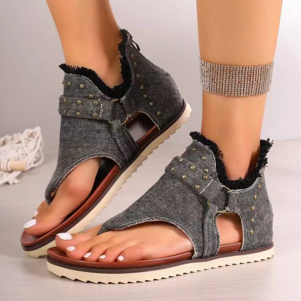 Studded Raw Hem Flat Sandals  Trendsi Dark Gray 36(US5) 