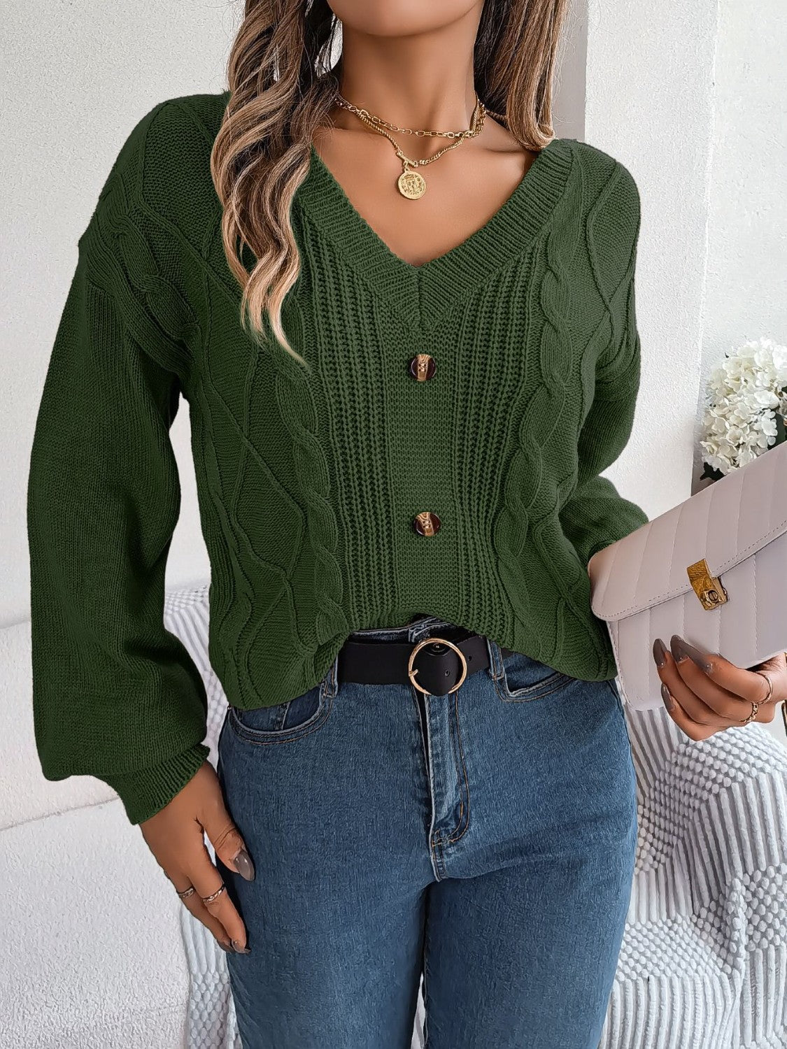 Cable-Knit Buttoned V-Neck Sweater  Trendsi   