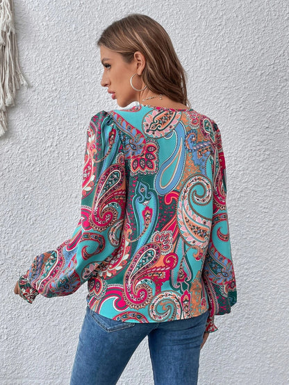 Printed Surplice Smocked Lantern Sleeve Blouse Blouse Trendsi   