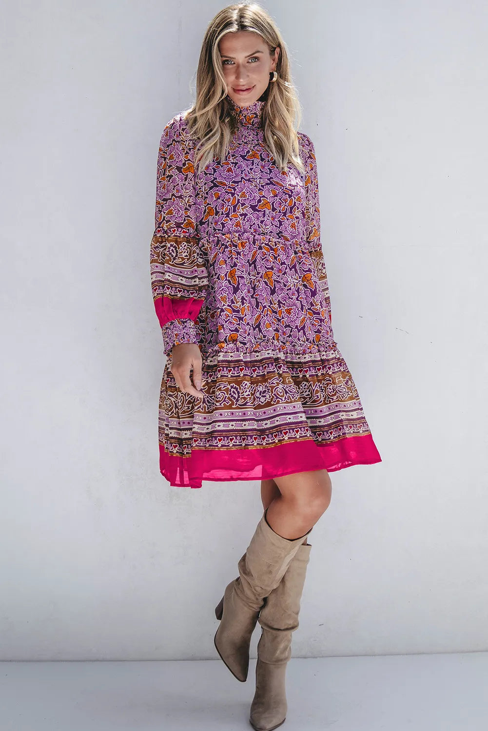 Smocked Floral Turtleneck Long Sleeve Dress  Trendsi   