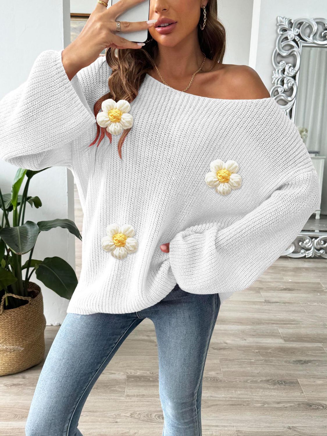 Flower Round Neck Long Sleeve Sweater  Trendsi White S 