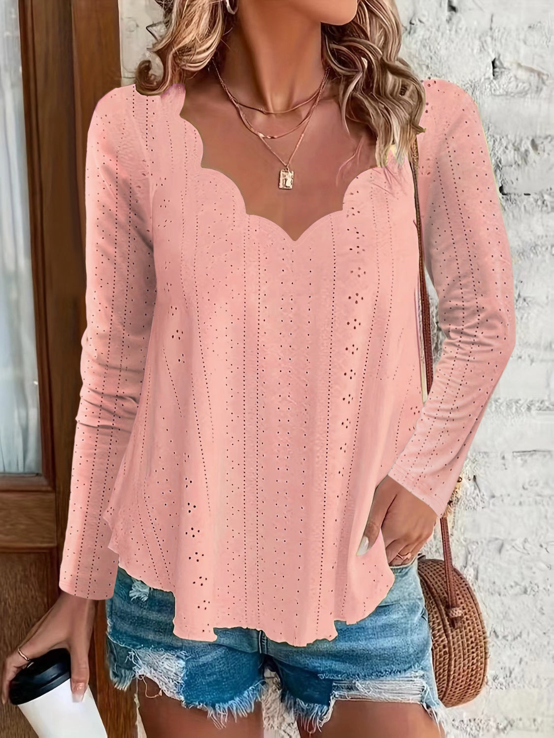 Eyelet Long Sleeve Blouse  Trendsi Watermelon pink S 