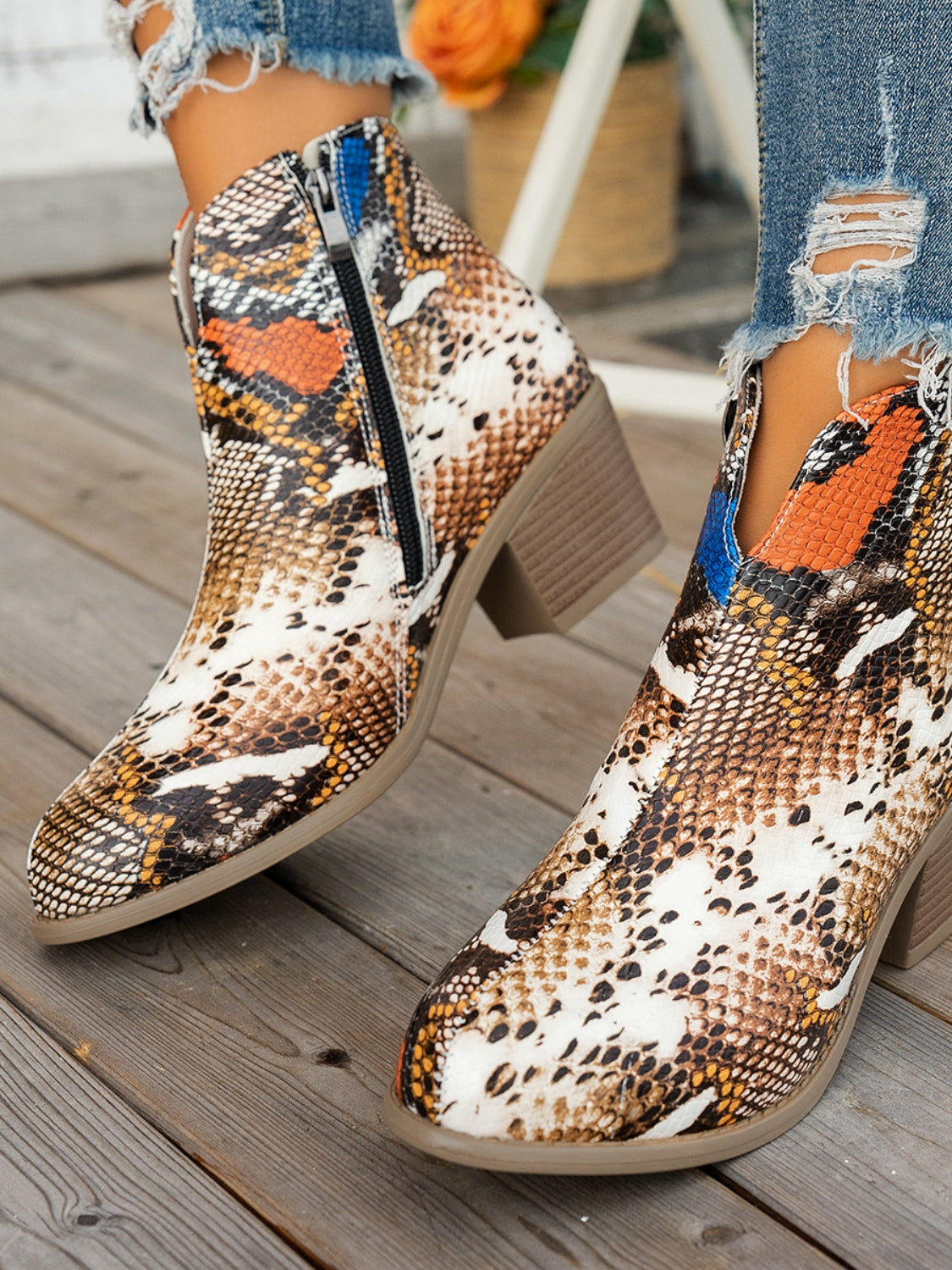 Printed Block Heel Boots with Side Zip