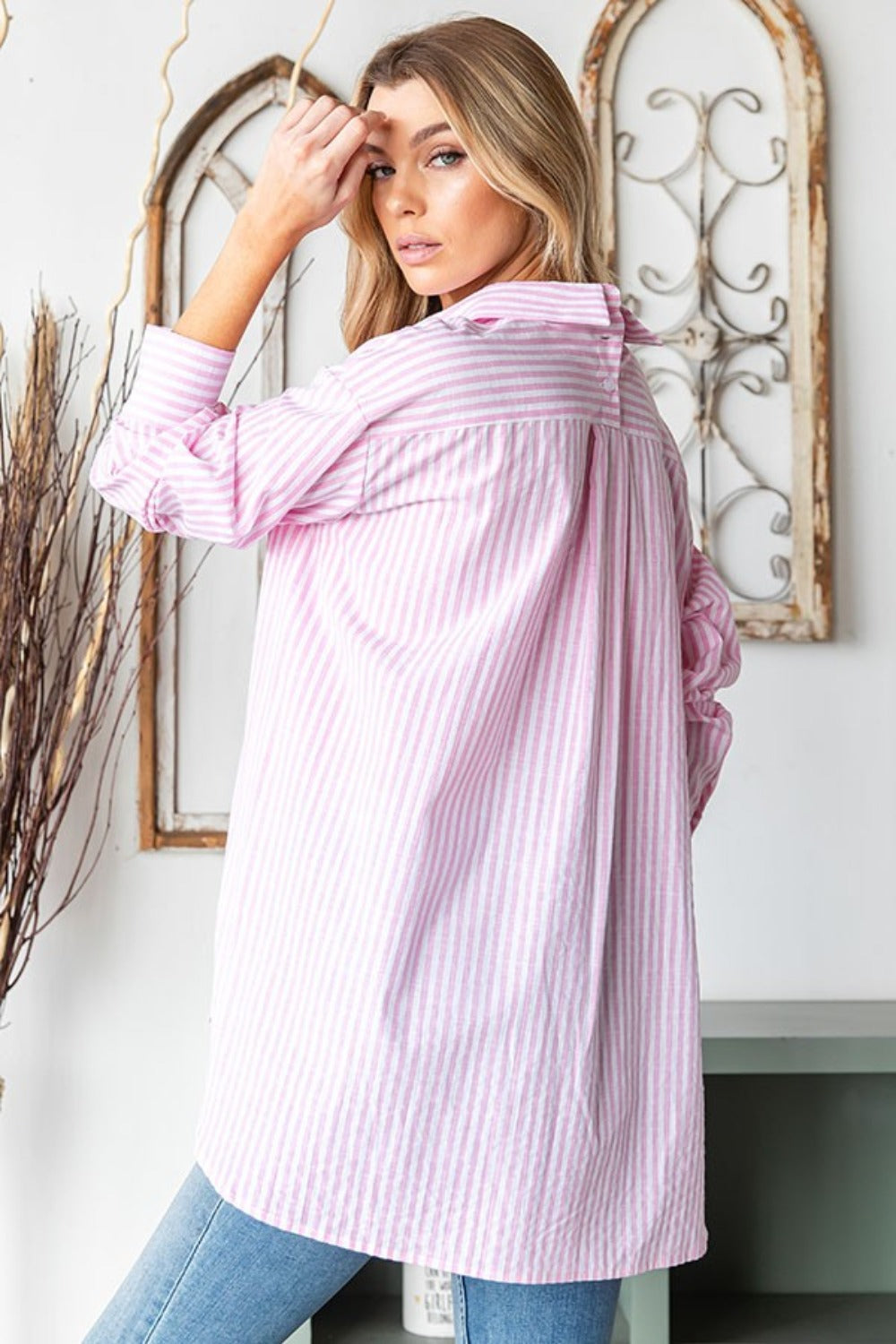 First Love Full Size Striped Button Down High-Low Hem Shirt Luxe Trendsi   