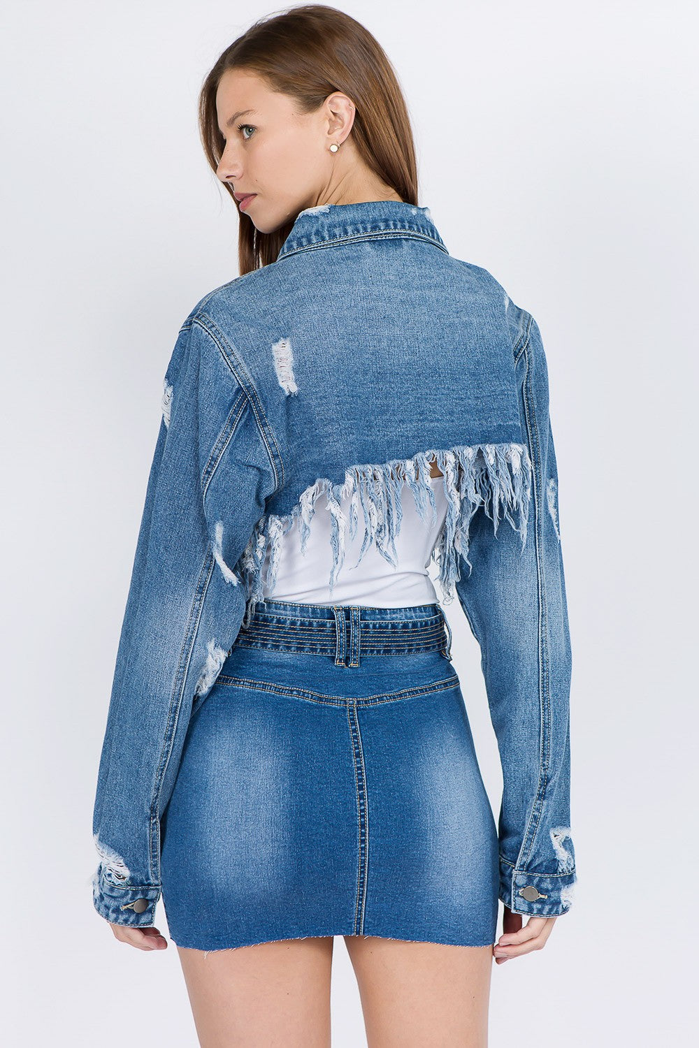 American Bazi Distressed Denim Jacket with Frayed Hem  Trendsi   