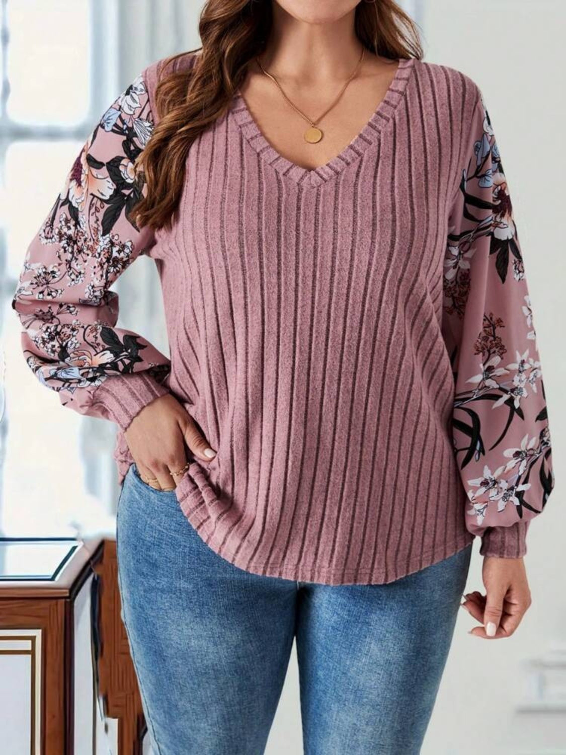 Plus Size Printed V-Neck Long Sleeve T-Shirt  Trendsi   