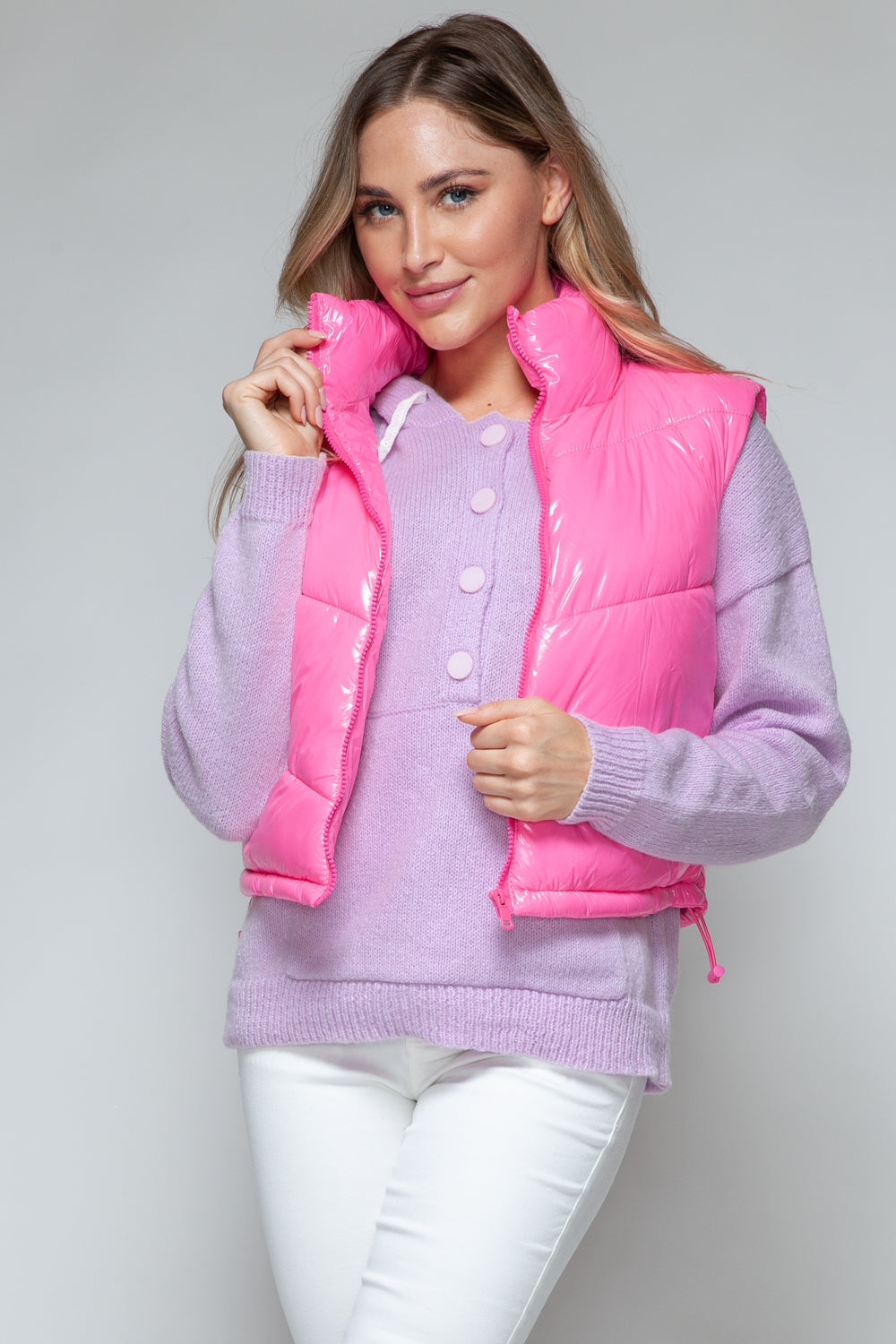 Snobbish Zip Up Turtleneck Shiny Quilted Vest  Trendsi Hot Pink S 