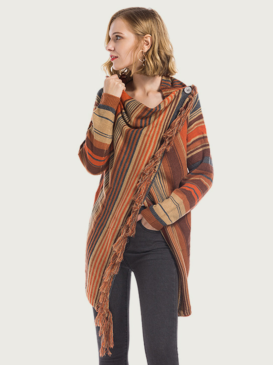 Angel Wings Tassel Striped Open Front Long Sleeve Cardigan  Trendsi Ochre S 