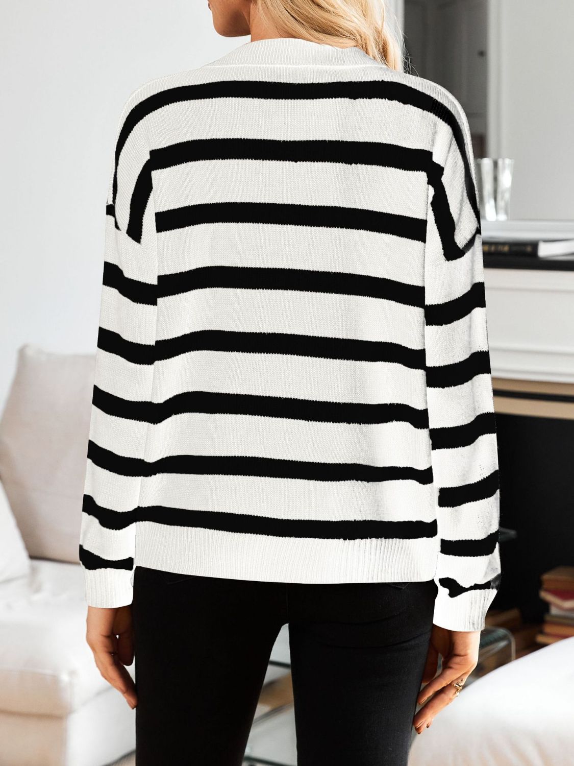 Many Striped Johnny Collar Long Sleeve Sweater  Trendsi   