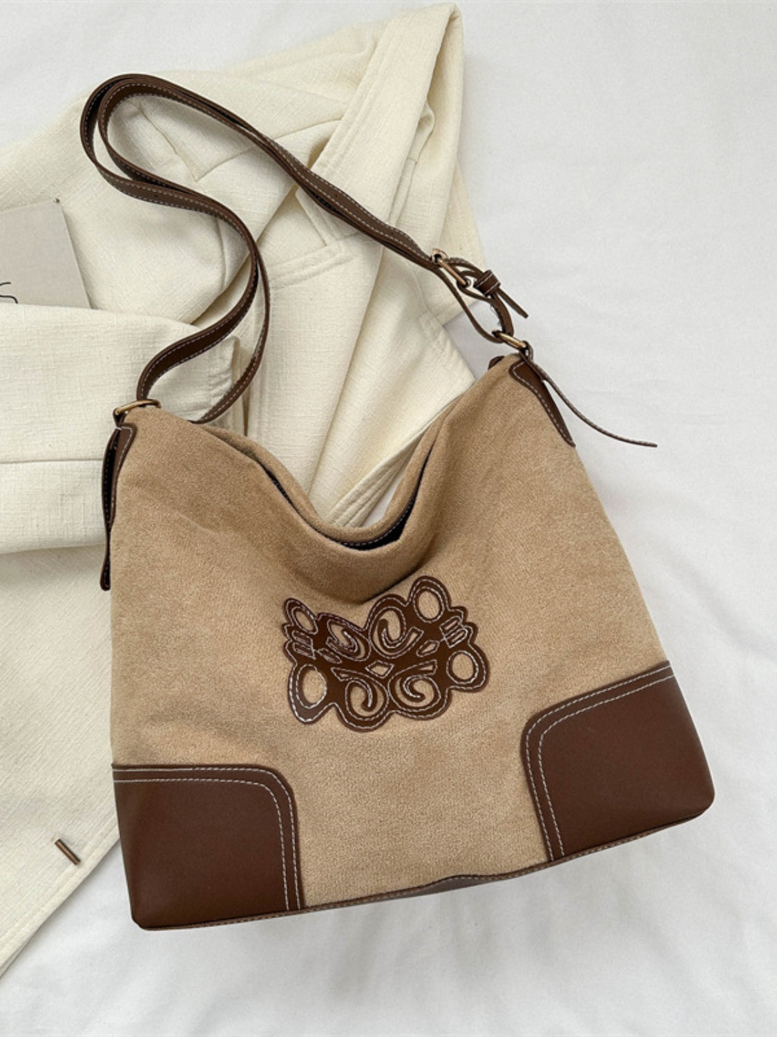 Suede Patch Adjustable Strap Tote Bag  Trendsi Khaki One Size 